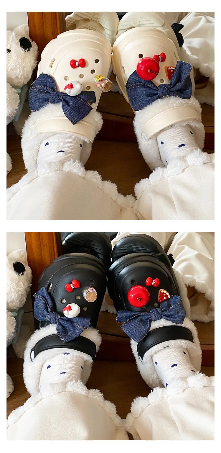 Women's Fleece Lined Winter Slippers Black White — feature 11