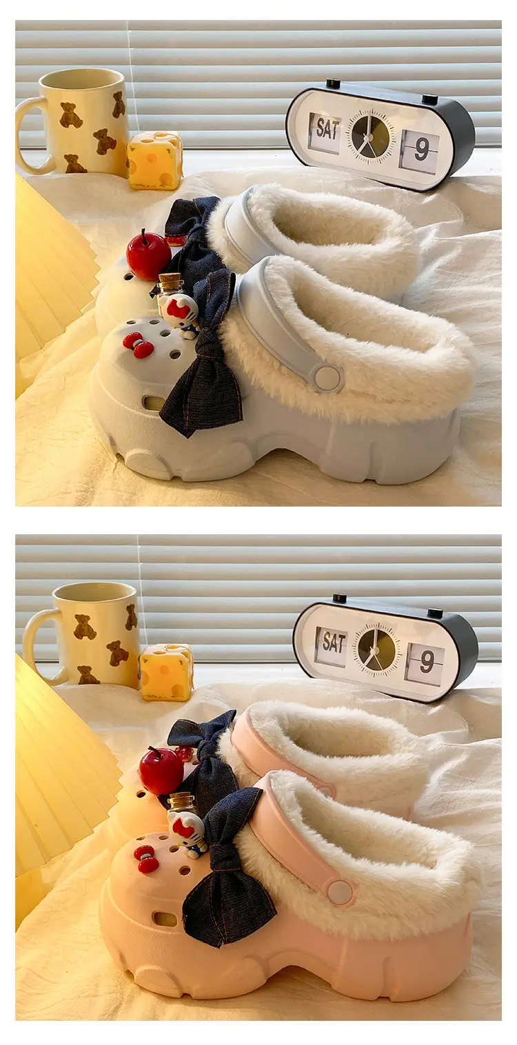 Women's Fleece Lined Winter Slippers Black White — feature 16