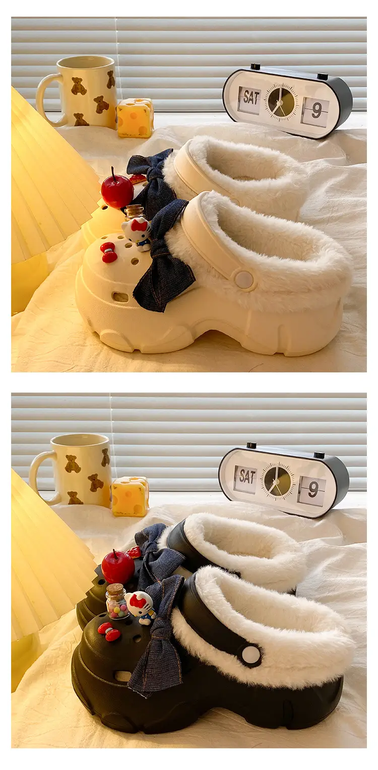 Women's Fleece Lined Winter Slippers Black White — feature 17