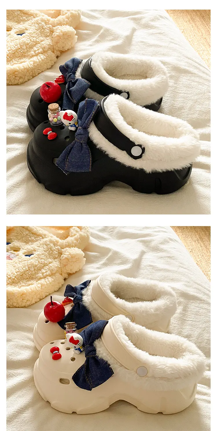 Women's Fleece Lined Winter Slippers Black White — feature 19