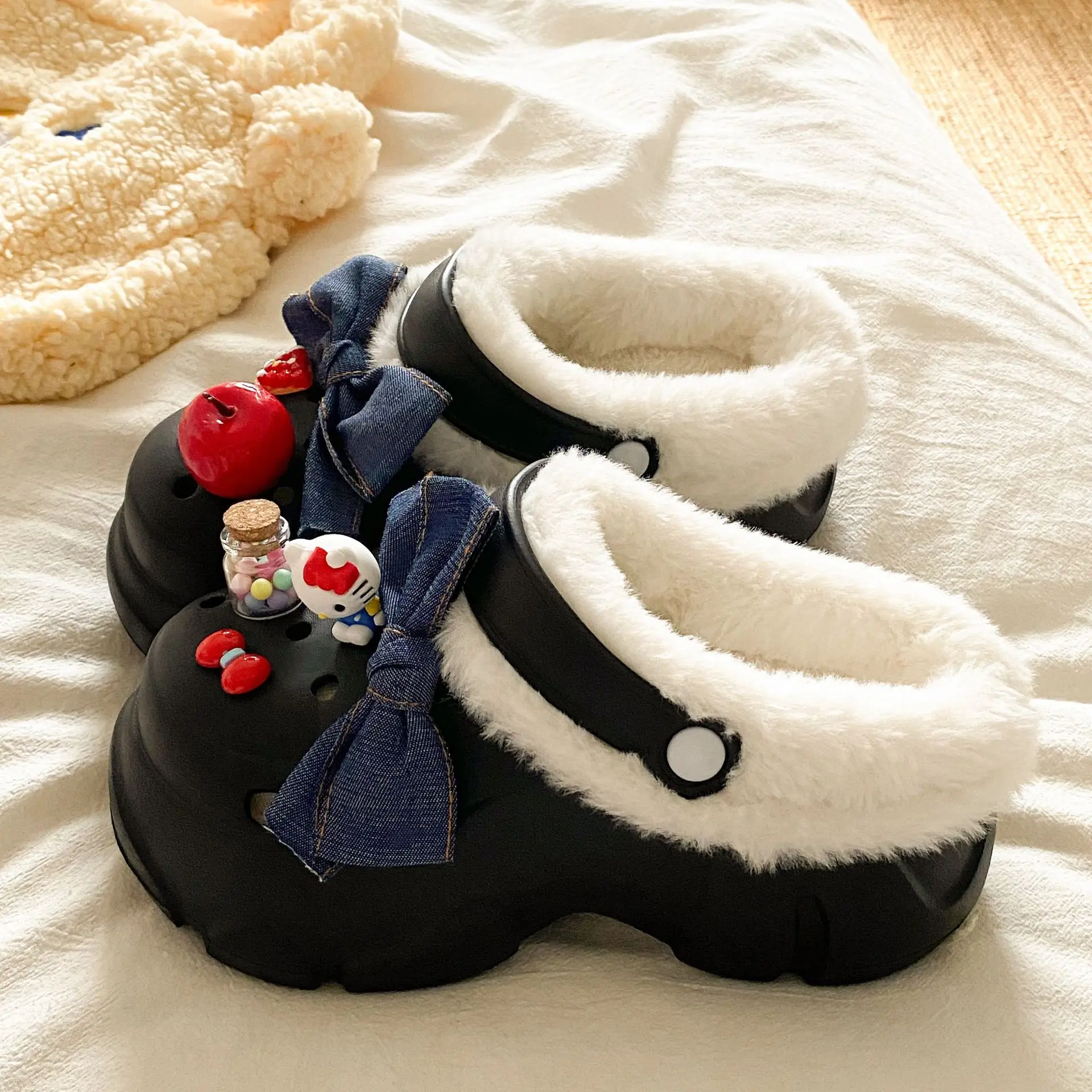 Women's Fleece Lined Winter Slippers Black White - Image 2