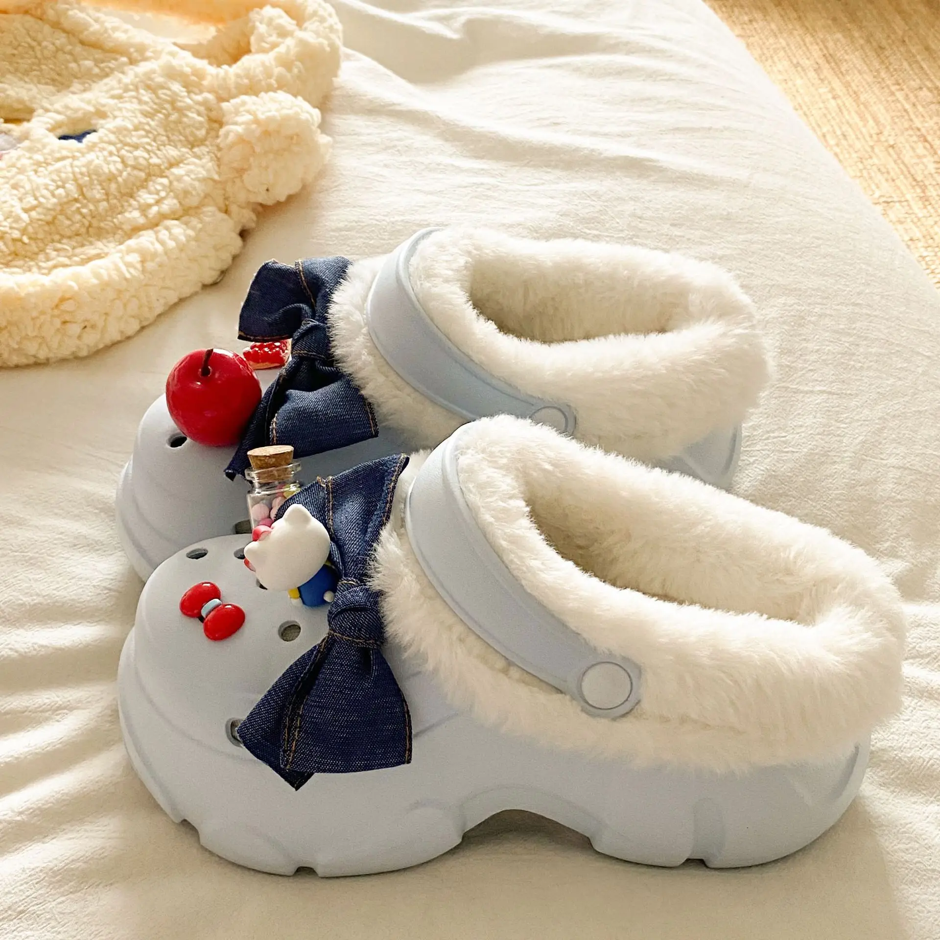Women's Fleece Lined Winter Slippers Black White - Image 3