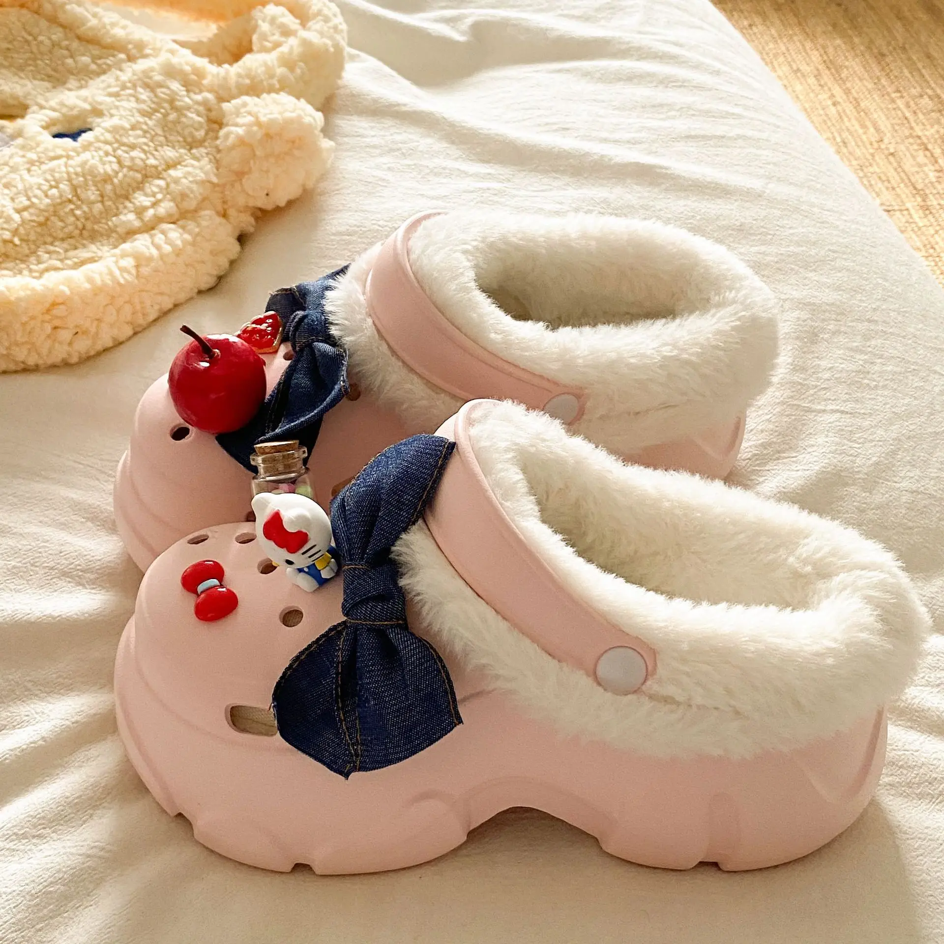 Women's Fleece Lined Winter Slippers Black White - Image 4