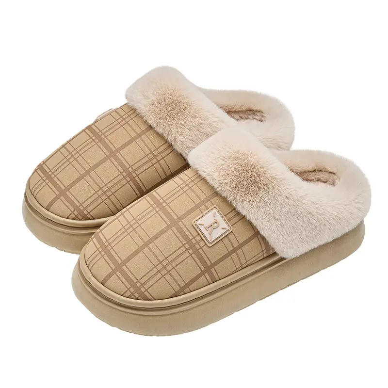Retro Plaid Cotton Slippers for Women's Home Autumn and Winter Warm Plush Non-Slip Waterproof Leather Cotton Slippers for Men's Winter - Image 10