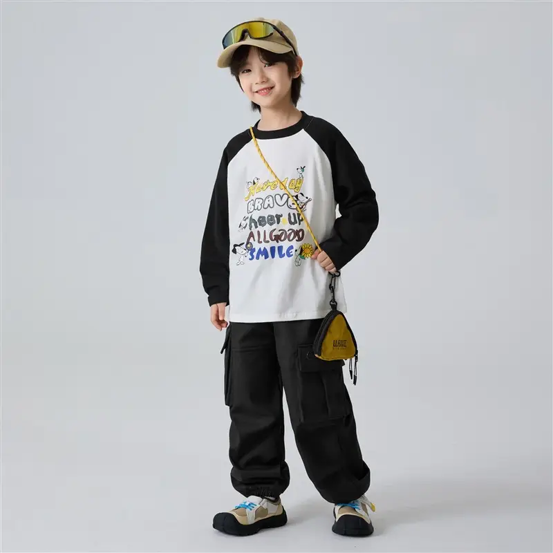 Kids Winter Long Sleeve T-Shirt Black White Korean Style - Image 2