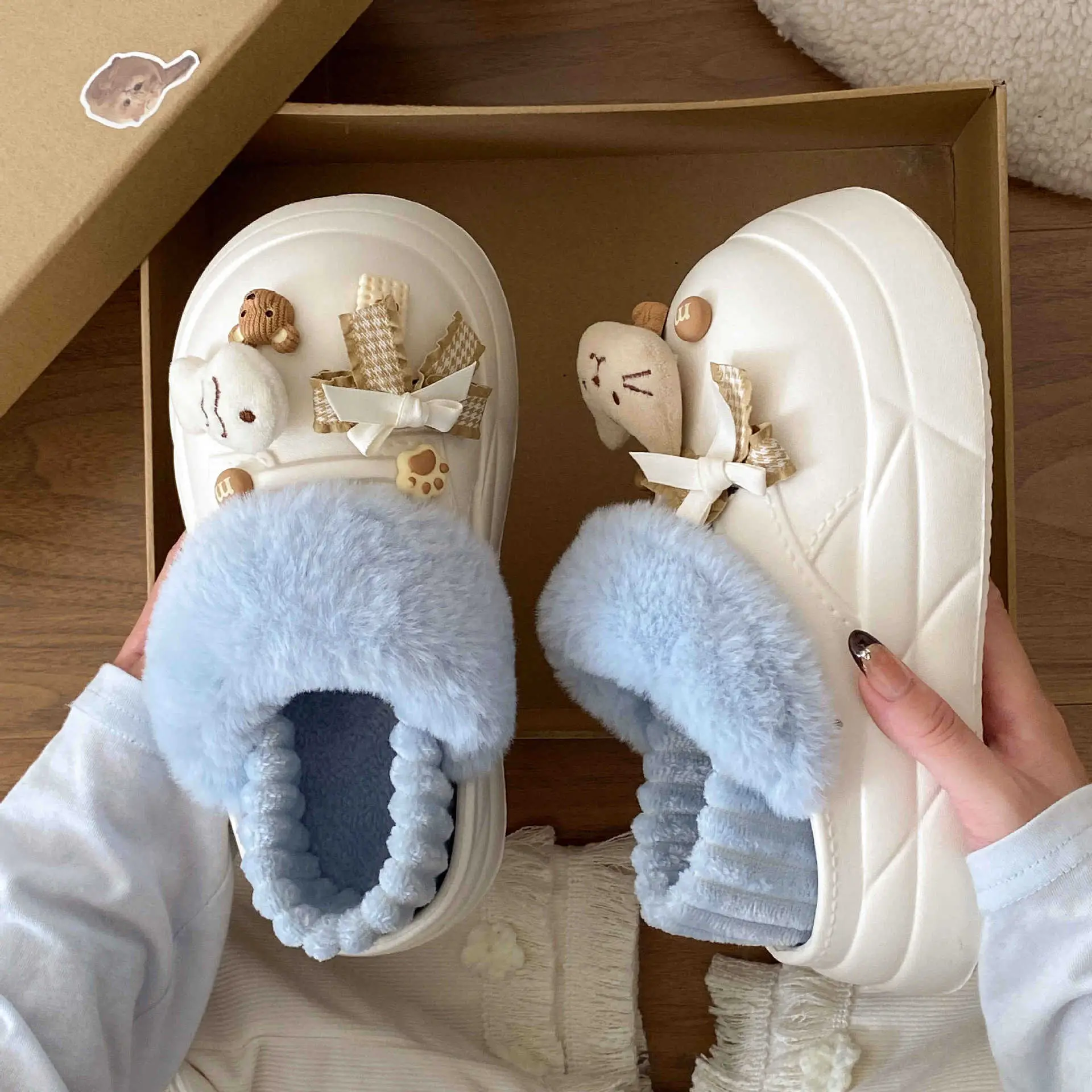 Women's Removable Cat & Fish Slippers Winter Fleece Lined - Image 6