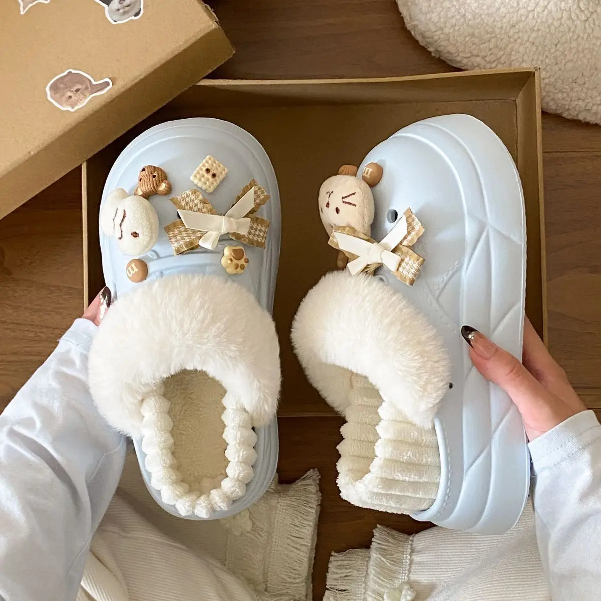 Women's Removable Cat & Fish Slippers Winter Fleece Lined — feature 33