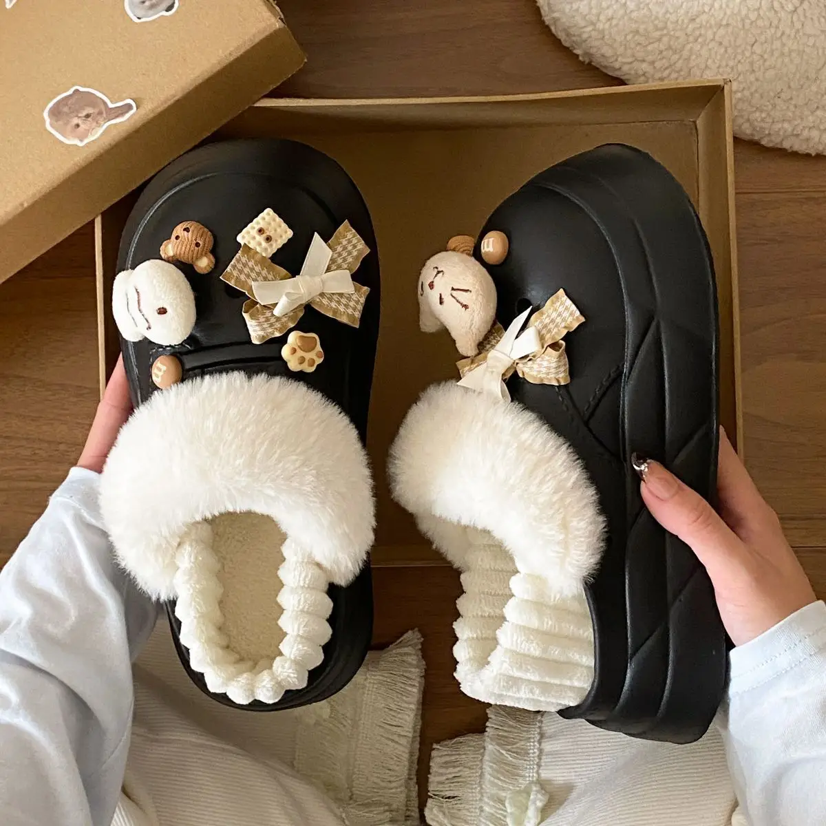 Women's Removable Cat & Fish Slippers Winter Fleece Lined — feature 34