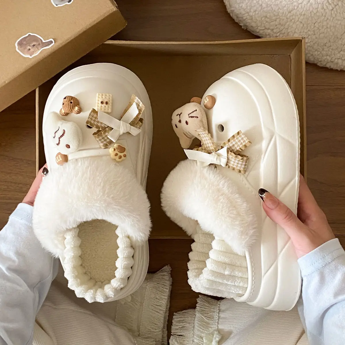 Women's Removable Cat & Fish Slippers Winter Fleece Lined — feature 35