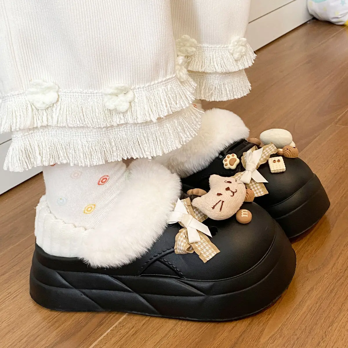 Women's Removable Cat & Fish Slippers Winter Fleece Lined — feature 39