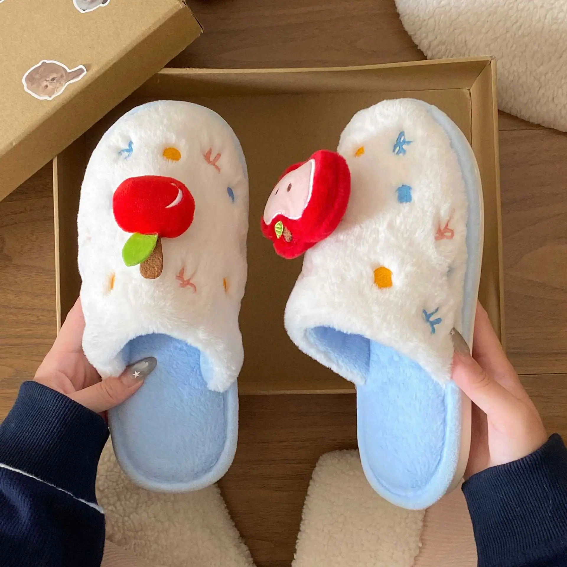 Winter Plush Cartoon Apple Slippers for Women - Image 3