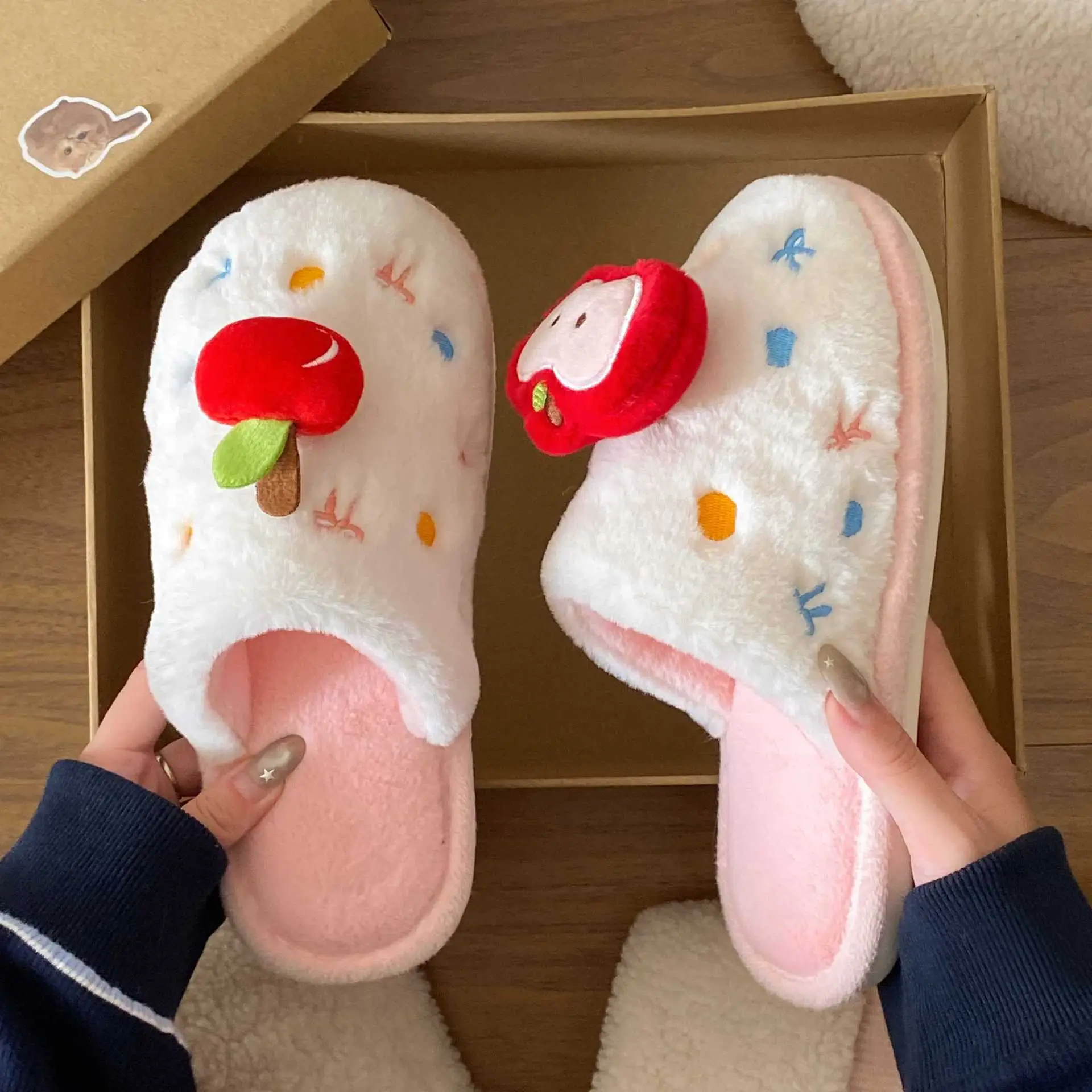 Winter Plush Cartoon Apple Slippers for Women - Image 4