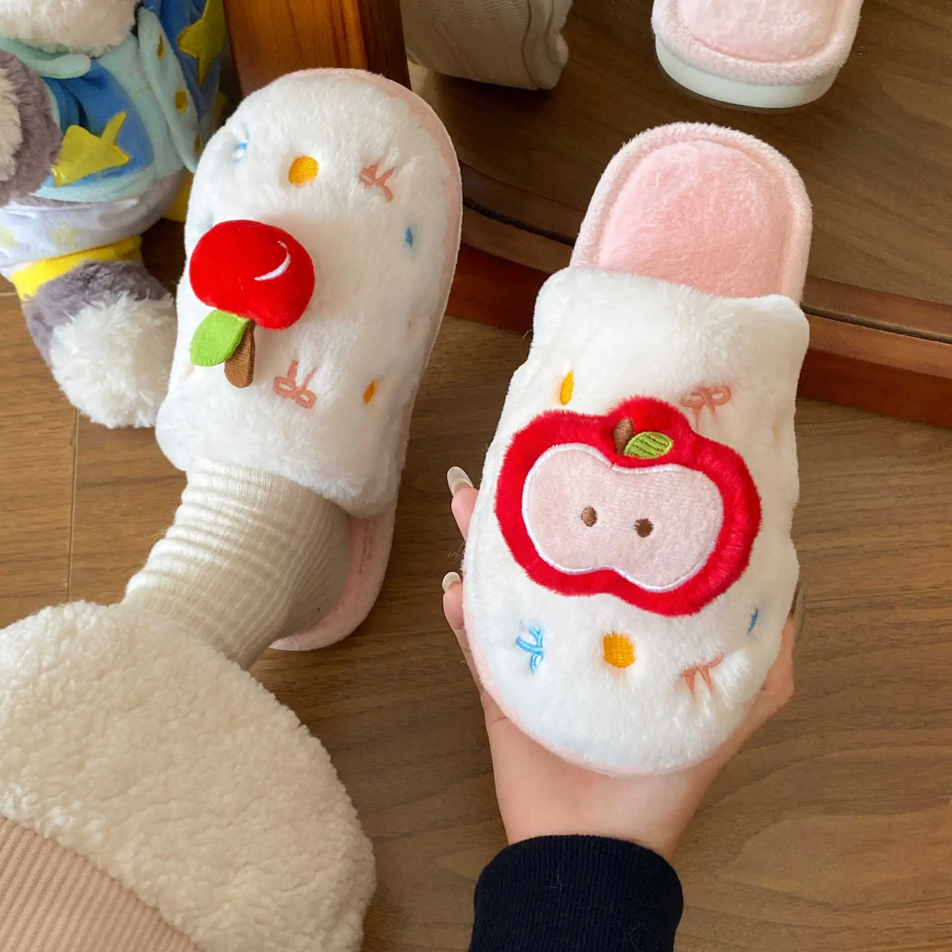 Winter Plush Cartoon Apple Slippers for Women - Image 5