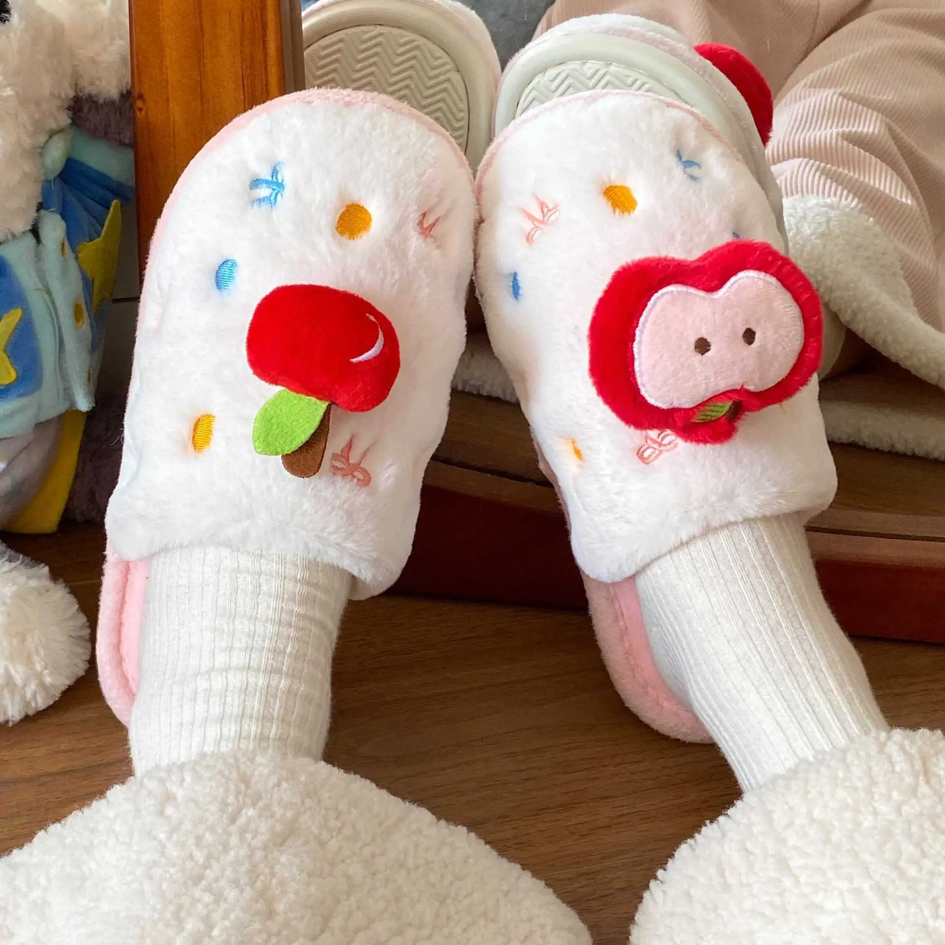 Winter Plush Cartoon Apple Slippers for Women - Image 6