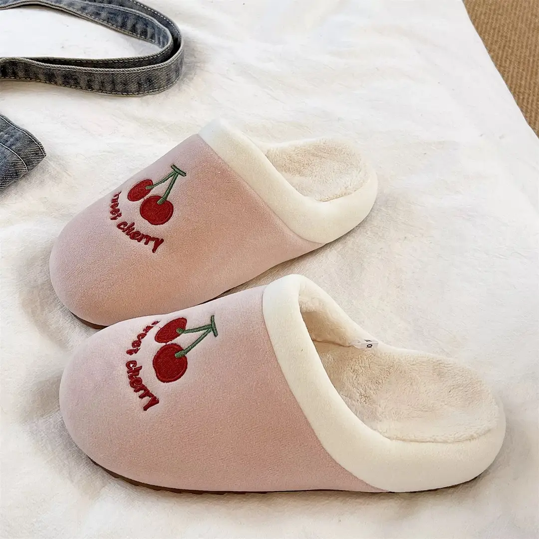 Cute Cherry Embroidered Furry Slippers for Women Winter Baotou Warm Fleece-Lined Anti-Slip Silent Indoor Home Cotton Slippers - Image 6