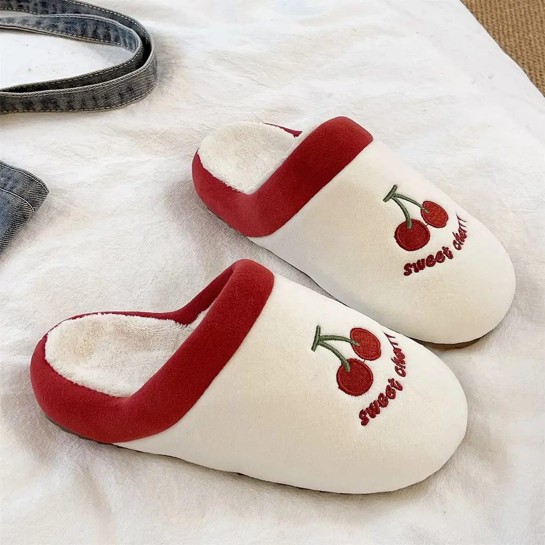 Cute Cherry Embroidered Furry Slippers for Women Winter Baotou Warm Fleece-Lined Anti-Slip Silent Indoor Home Cotton Slippers - Image 7