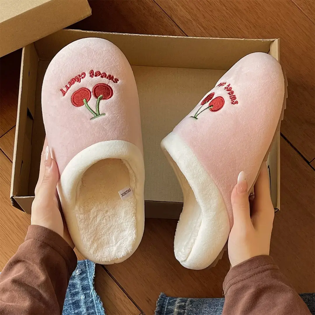 Cute Cherry Embroidered Furry Slippers for Women Winter Baotou Warm Fleece-Lined Anti-Slip Silent Indoor Home Cotton Slippers - Image 8