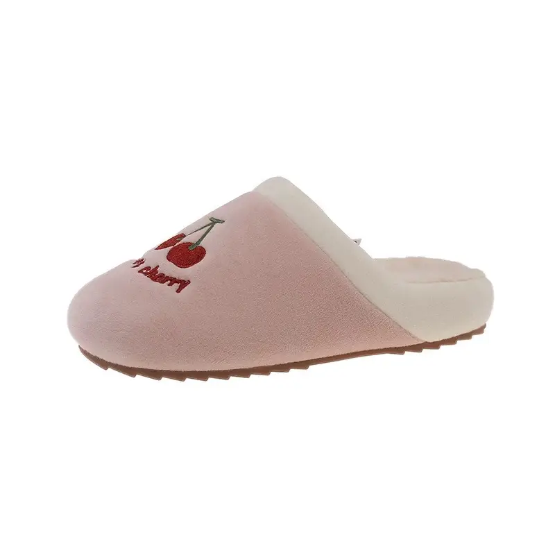 Cute Cherry Embroidered Furry Slippers for Women Winter Baotou Warm Fleece-Lined Anti-Slip Silent Indoor Home Cotton Slippers - Image 9