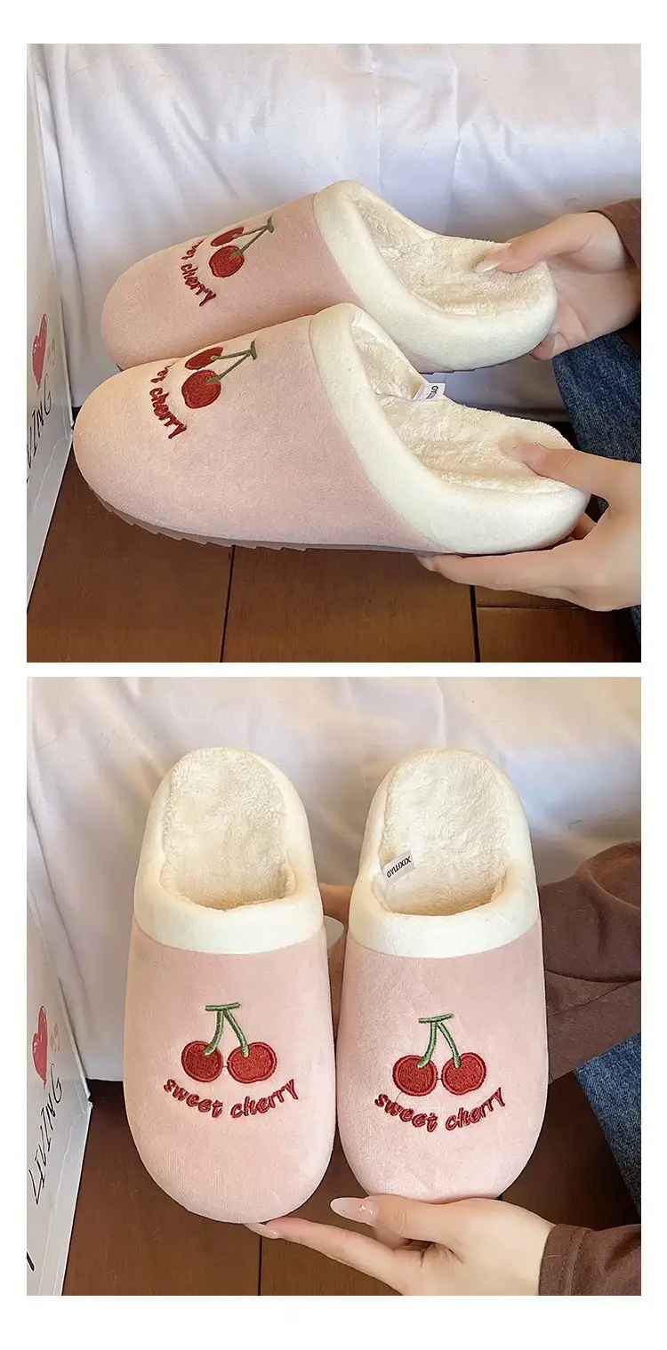 Cute Cherry Embroidered Furry Slippers for Women Winter Baotou Warm Fleece-Lined Anti-Slip Silent Indoor Home Cotton Slippers — feature 10