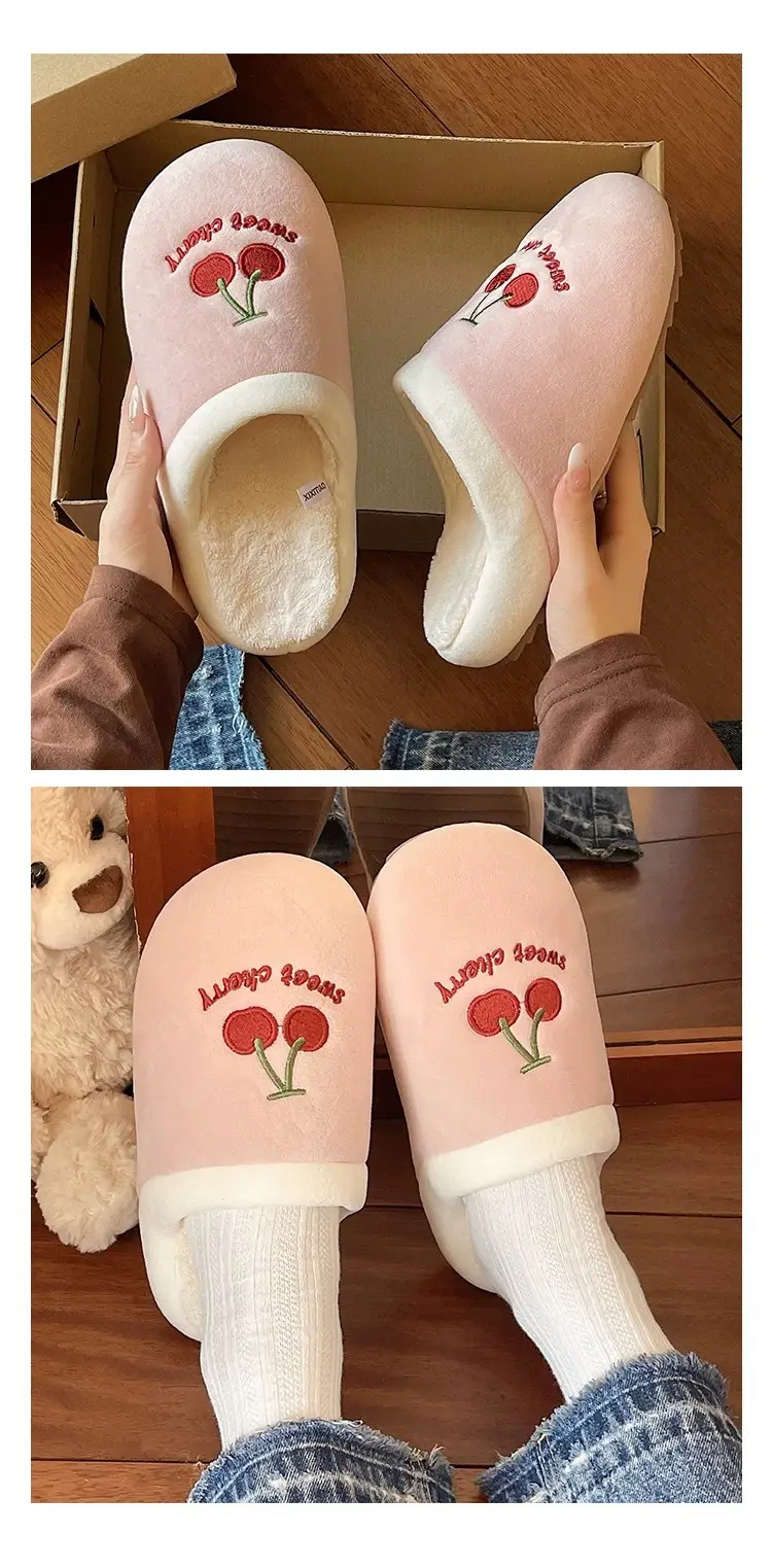 Cute Cherry Embroidered Furry Slippers for Women Winter Baotou Warm Fleece-Lined Anti-Slip Silent Indoor Home Cotton Slippers — feature 11