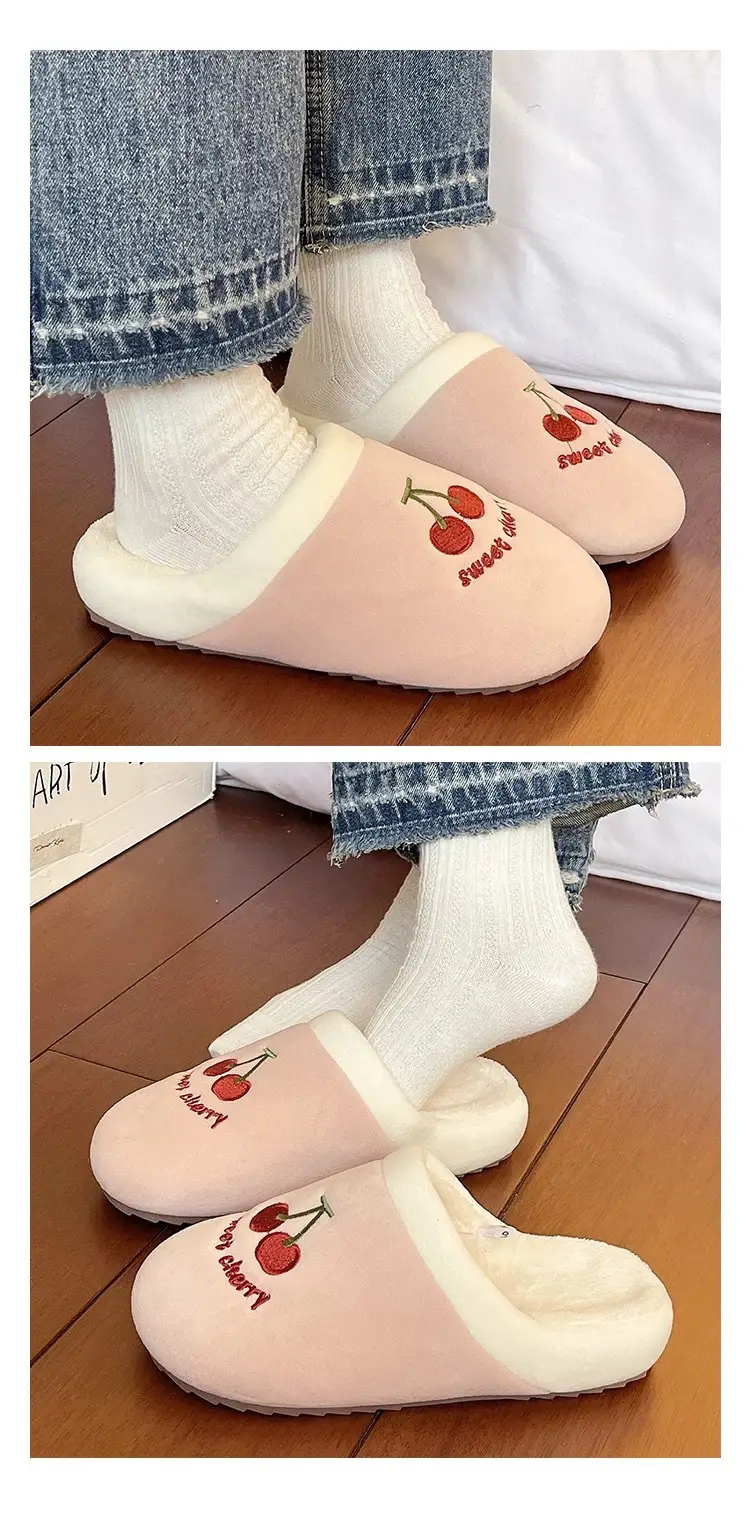 Cute Cherry Embroidered Furry Slippers for Women Winter Baotou Warm Fleece-Lined Anti-Slip Silent Indoor Home Cotton Slippers — feature 12
