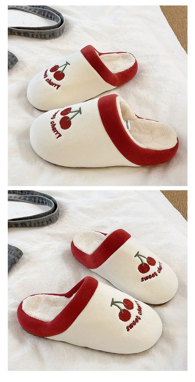 Cute Cherry Embroidered Furry Slippers for Women Winter Baotou Warm Fleece-Lined Anti-Slip Silent Indoor Home Cotton Slippers — feature 4