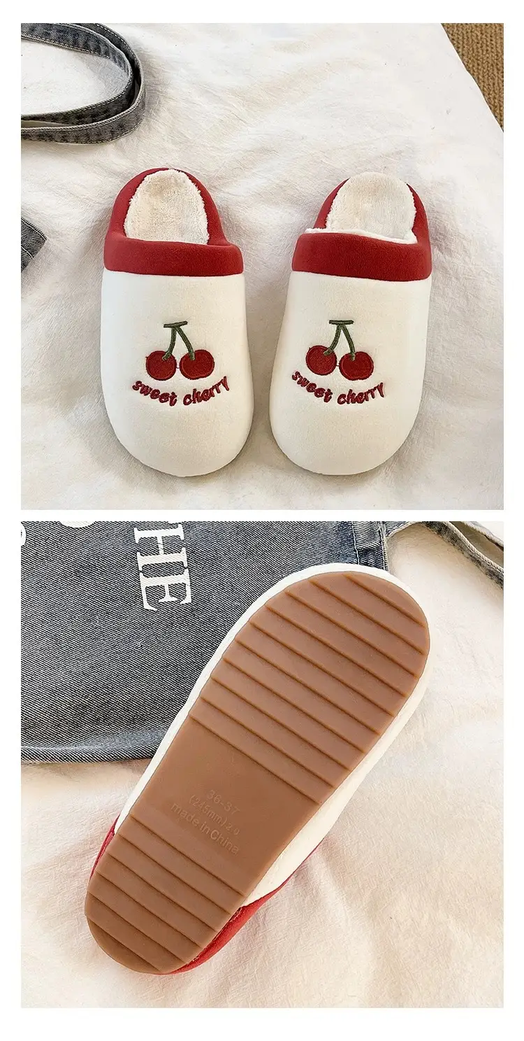 Cute Cherry Embroidered Furry Slippers for Women Winter Baotou Warm Fleece-Lined Anti-Slip Silent Indoor Home Cotton Slippers — feature 5
