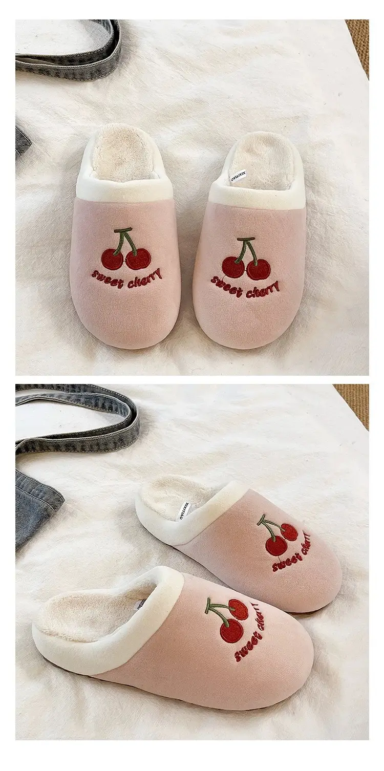 Cute Cherry Embroidered Furry Slippers for Women Winter Baotou Warm Fleece-Lined Anti-Slip Silent Indoor Home Cotton Slippers — feature 6