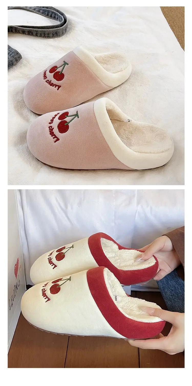 Cute Cherry Embroidered Furry Slippers for Women Winter Baotou Warm Fleece-Lined Anti-Slip Silent Indoor Home Cotton Slippers — feature 7