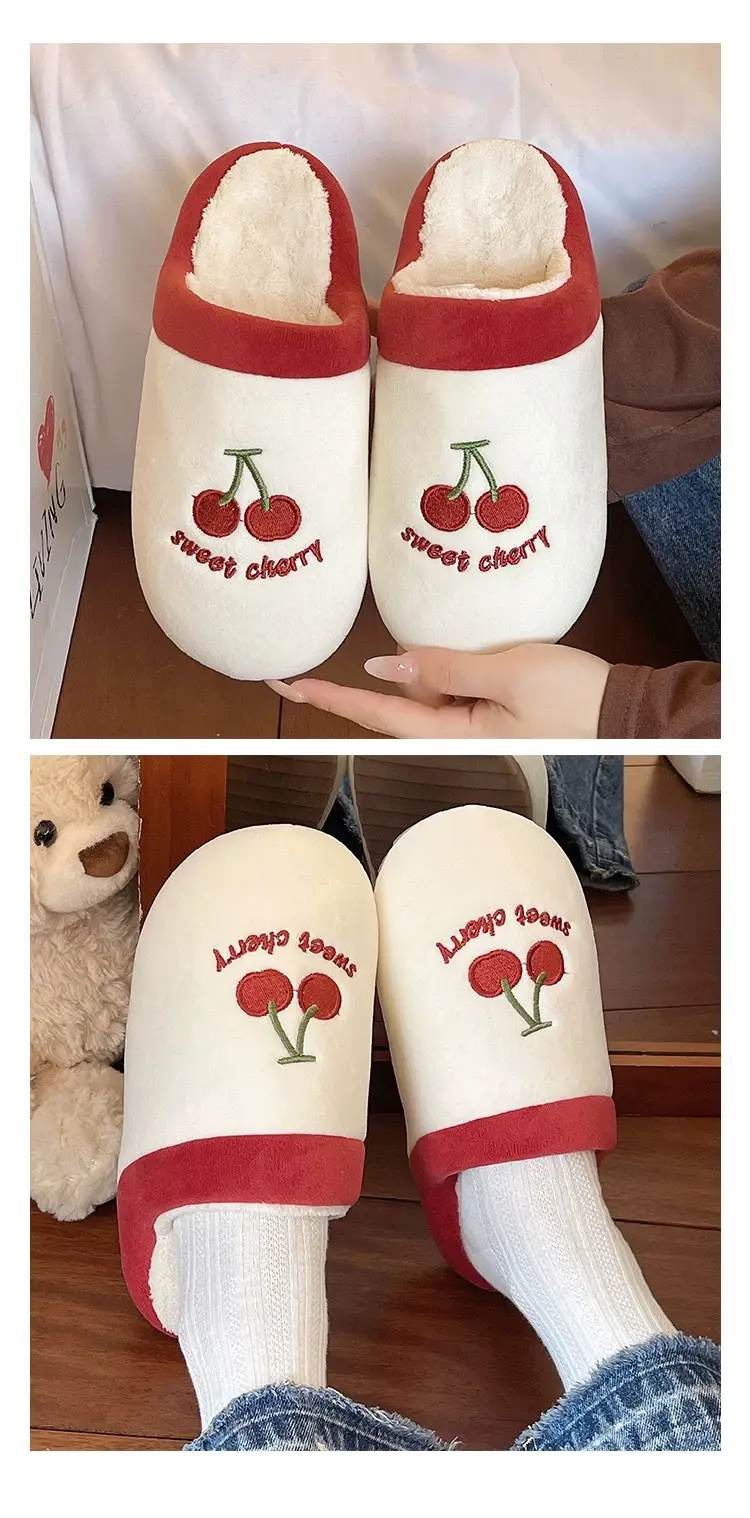 Cute Cherry Embroidered Furry Slippers for Women Winter Baotou Warm Fleece-Lined Anti-Slip Silent Indoor Home Cotton Slippers — feature 8