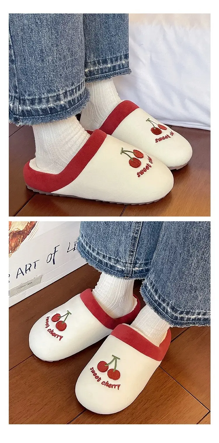 Cute Cherry Embroidered Furry Slippers for Women Winter Baotou Warm Fleece-Lined Anti-Slip Silent Indoor Home Cotton Slippers — feature 9