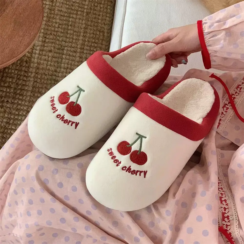 Cute Cherry Embroidered Furry Slippers for Women Winter Baotou Warm Fleece-Lined Anti-Slip Silent Indoor Home Cotton Slippers - Image 2