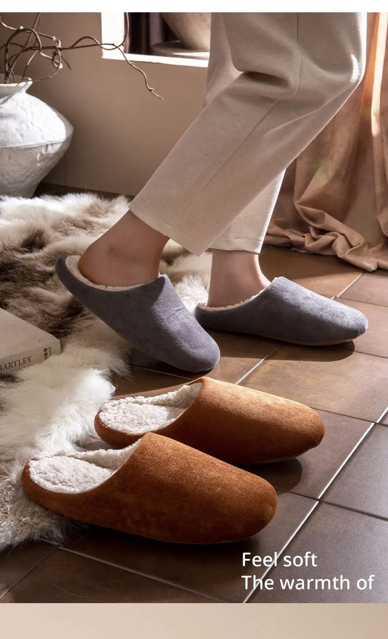 Suede Cotton Slippers for Women Winter New Home Indoor Fleece-Lined Warm Soft Thick Sole Non-Slip Cotton Slippers for Men — feature 4