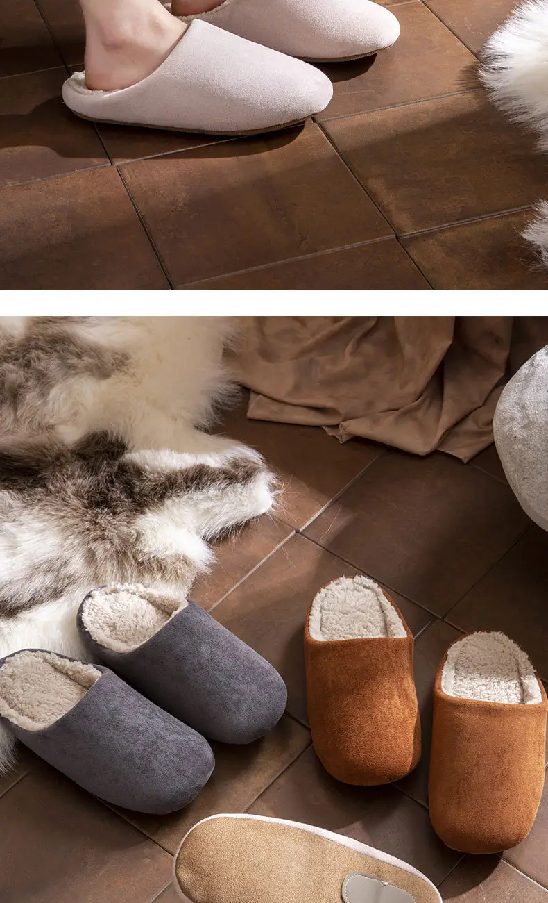 Suede Cotton Slippers for Women Winter New Home Indoor Fleece-Lined Warm Soft Thick Sole Non-Slip Cotton Slippers for Men — feature 12
