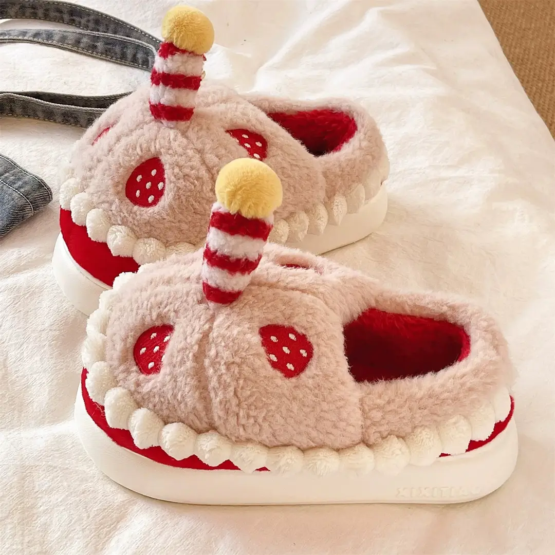 Winter Cotton Slippers for Women to Wear Outside, Cute Strawberry Cake Indoor Home Thick-Soled Non-Slip Warm Plush Bag Heel Cotton Shoes - Image 4