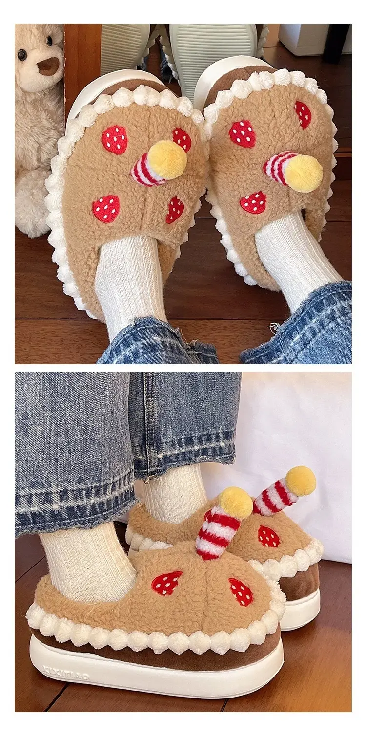 Winter Cotton Slippers for Women to Wear Outside, Cute Strawberry Cake Indoor Home Thick-Soled Non-Slip Warm Plush Bag Heel Cotton Shoes — feature 10