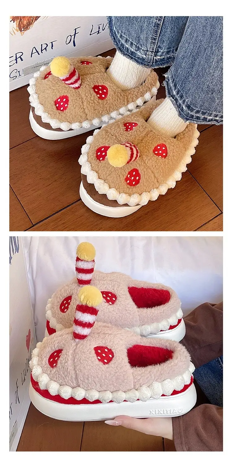 Winter Cotton Slippers for Women to Wear Outside, Cute Strawberry Cake Indoor Home Thick-Soled Non-Slip Warm Plush Bag Heel Cotton Shoes — feature 11