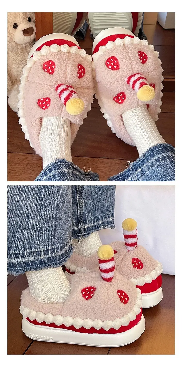 Winter Cotton Slippers for Women to Wear Outside, Cute Strawberry Cake Indoor Home Thick-Soled Non-Slip Warm Plush Bag Heel Cotton Shoes — feature 13