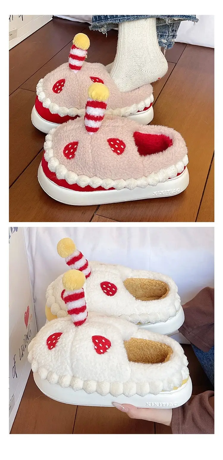 Winter Cotton Slippers for Women to Wear Outside, Cute Strawberry Cake Indoor Home Thick-Soled Non-Slip Warm Plush Bag Heel Cotton Shoes — feature 14