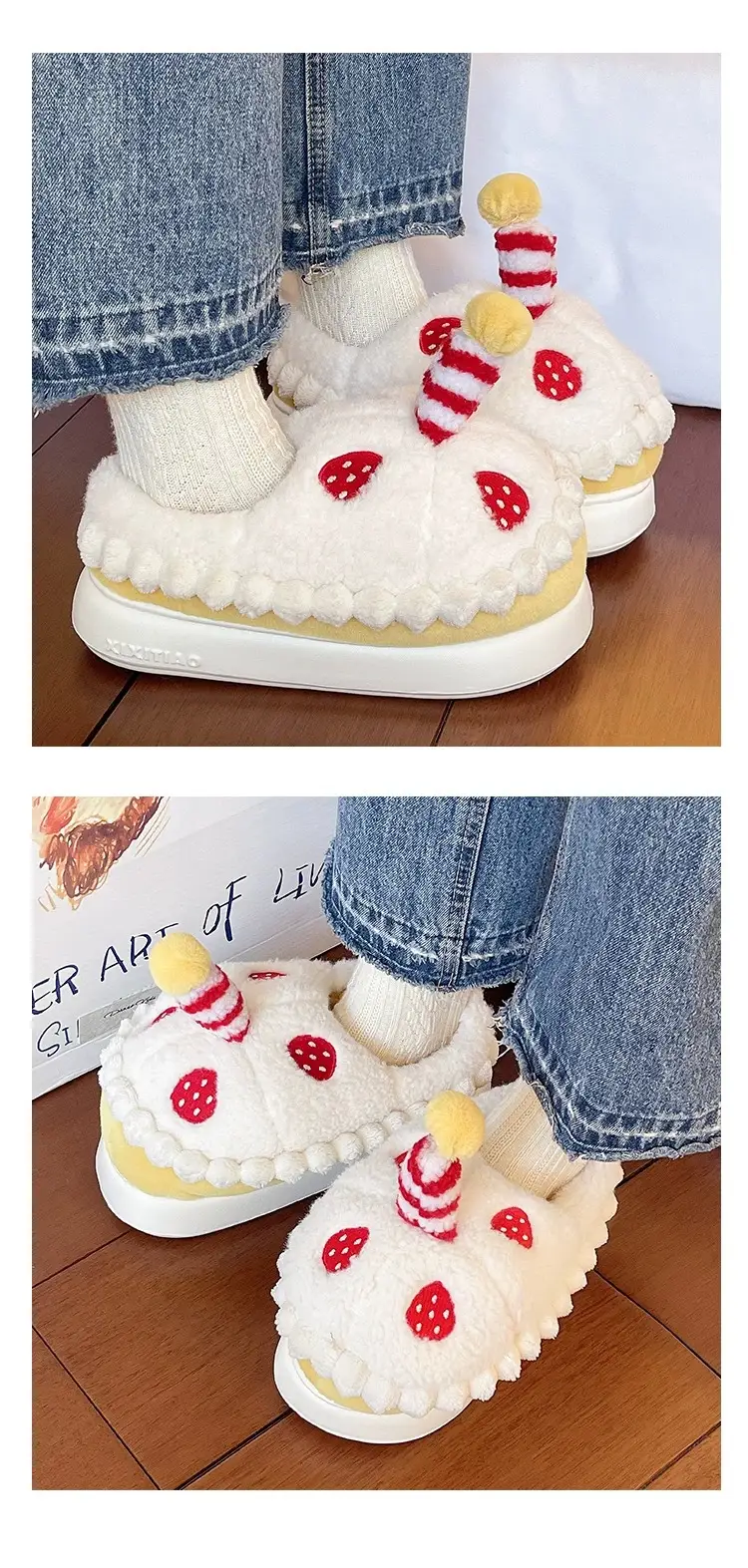 Winter Cotton Slippers for Women to Wear Outside, Cute Strawberry Cake Indoor Home Thick-Soled Non-Slip Warm Plush Bag Heel Cotton Shoes — feature 16