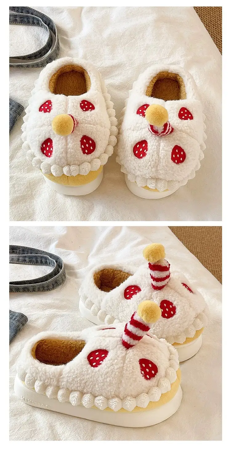 Winter Cotton Slippers for Women to Wear Outside, Cute Strawberry Cake Indoor Home Thick-Soled Non-Slip Warm Plush Bag Heel Cotton Shoes — feature 4