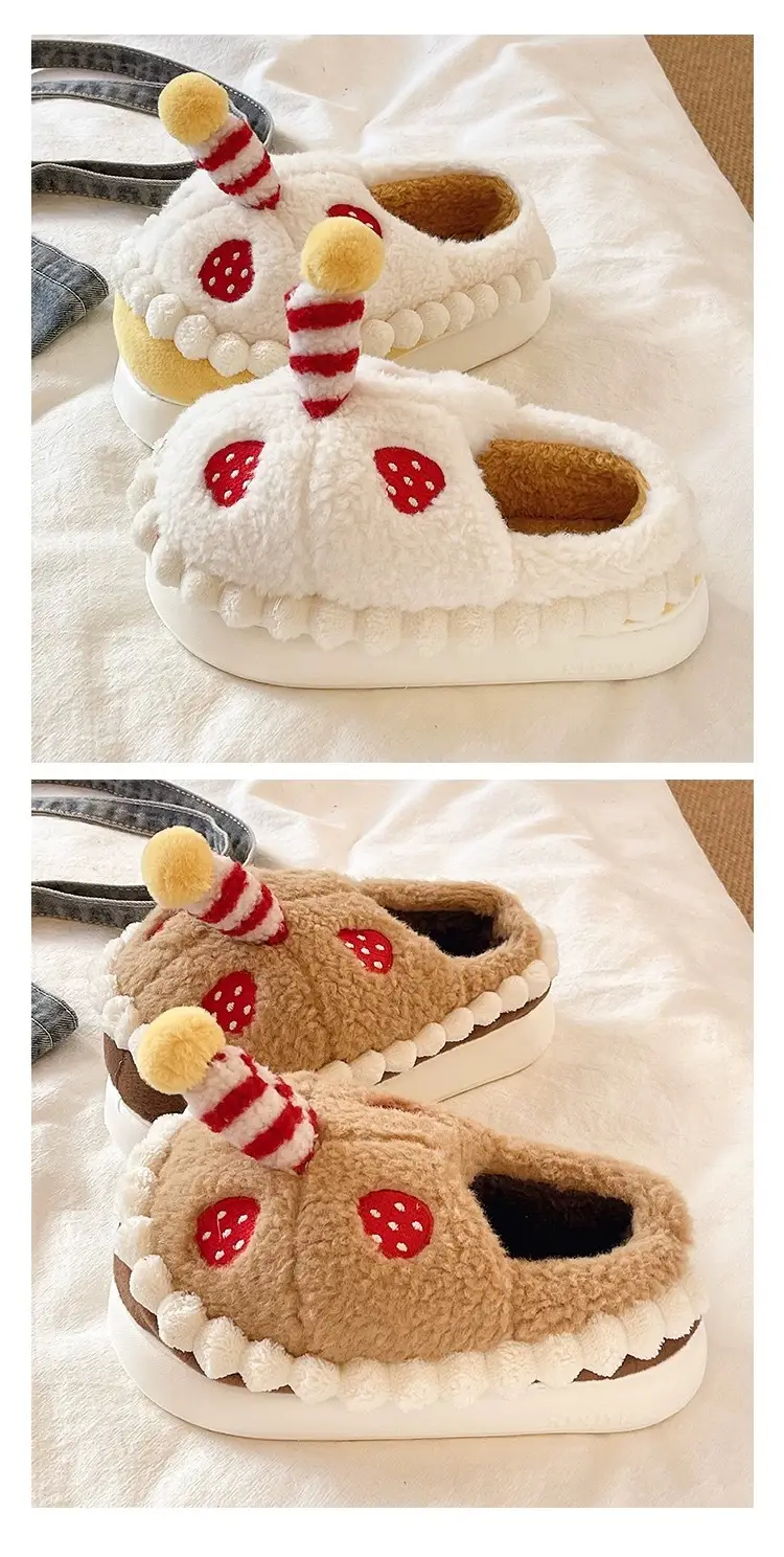 Winter Cotton Slippers for Women to Wear Outside, Cute Strawberry Cake Indoor Home Thick-Soled Non-Slip Warm Plush Bag Heel Cotton Shoes — feature 5
