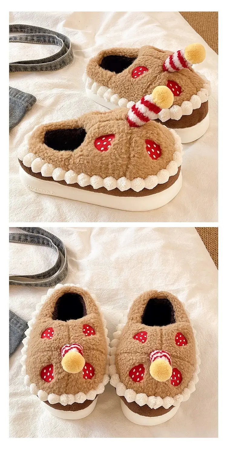 Winter Cotton Slippers for Women to Wear Outside, Cute Strawberry Cake Indoor Home Thick-Soled Non-Slip Warm Plush Bag Heel Cotton Shoes — feature 6