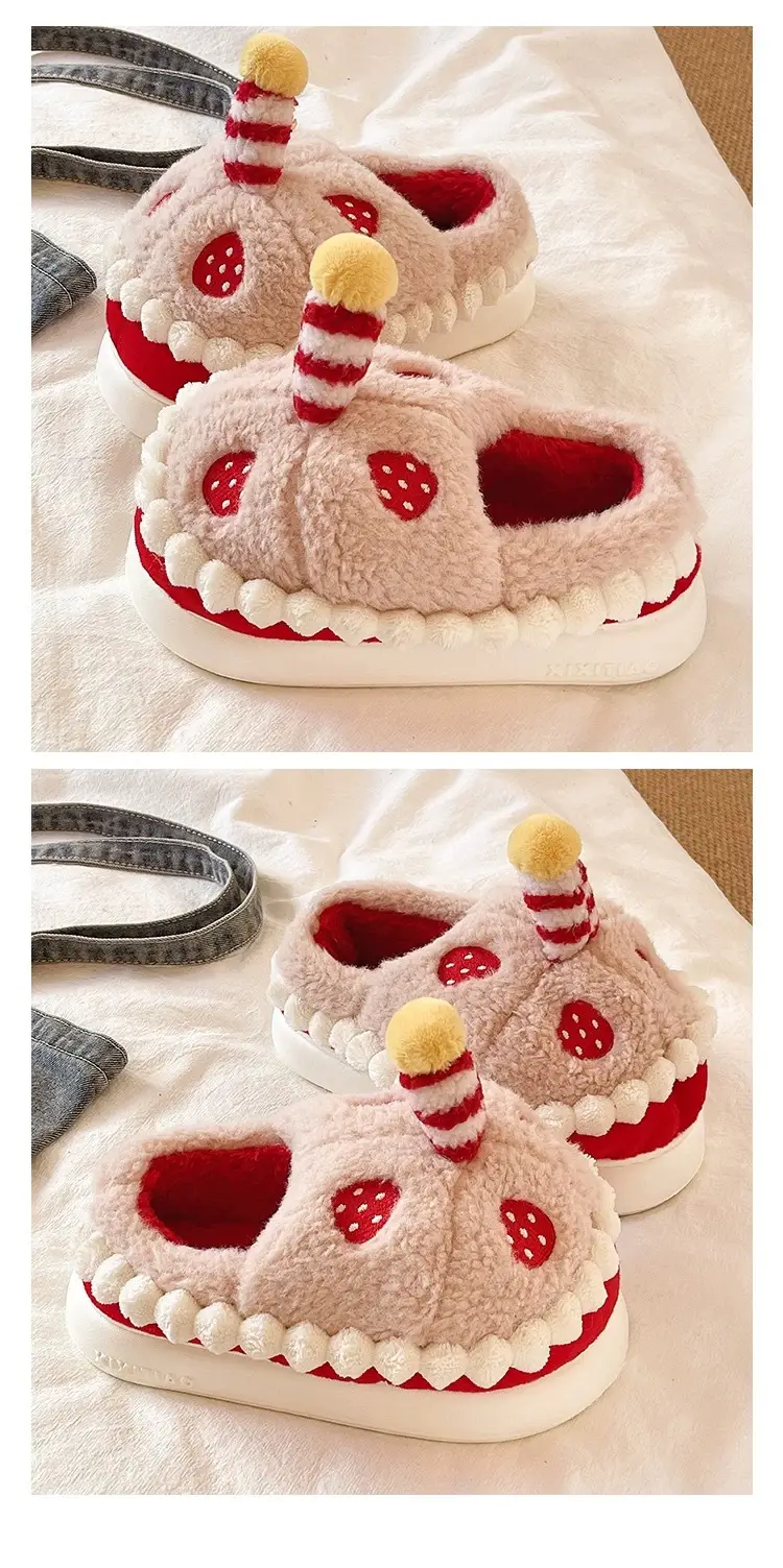 Winter Cotton Slippers for Women to Wear Outside, Cute Strawberry Cake Indoor Home Thick-Soled Non-Slip Warm Plush Bag Heel Cotton Shoes — feature 7