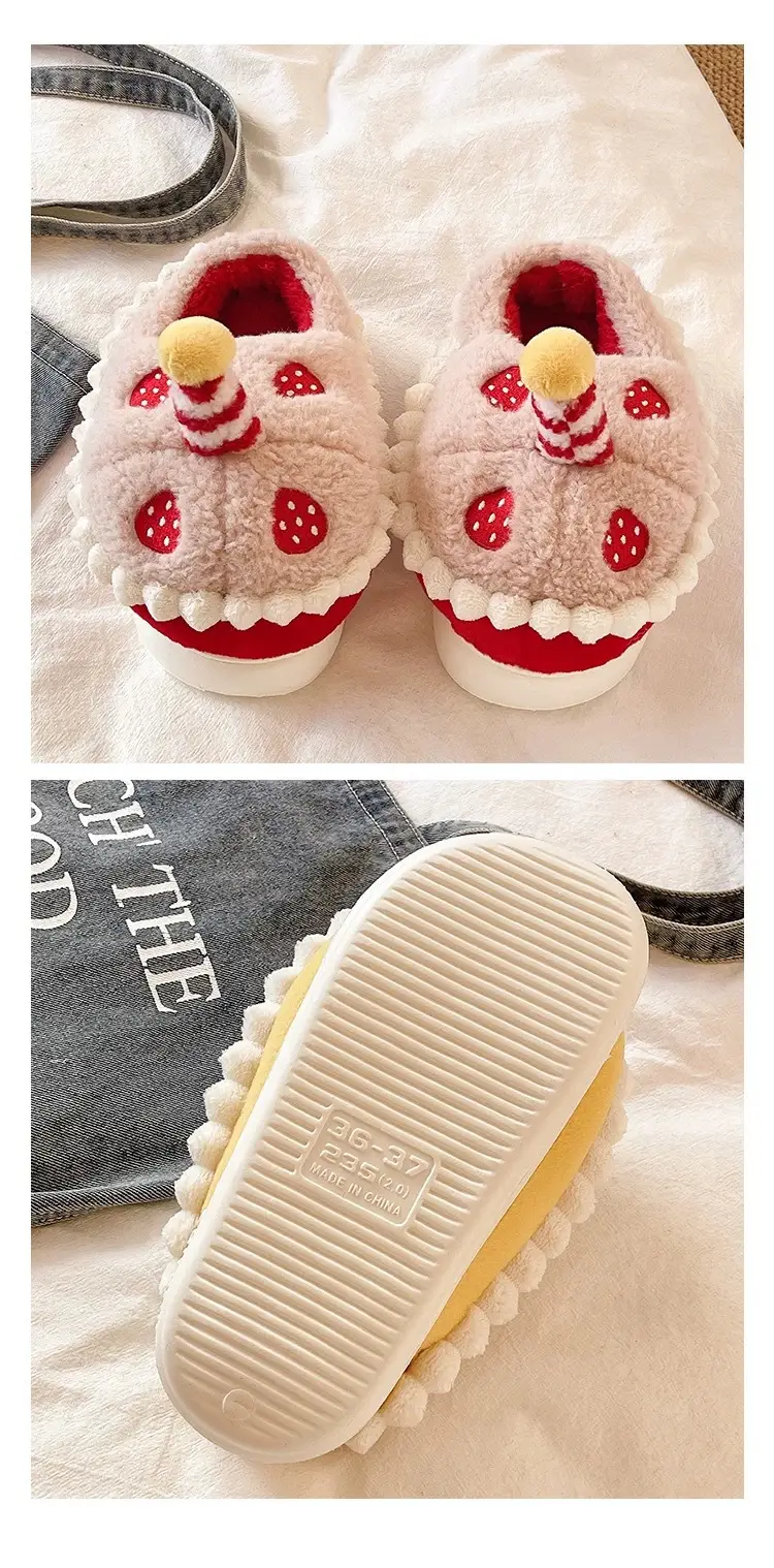Winter Cotton Slippers for Women to Wear Outside, Cute Strawberry Cake Indoor Home Thick-Soled Non-Slip Warm Plush Bag Heel Cotton Shoes — feature 8