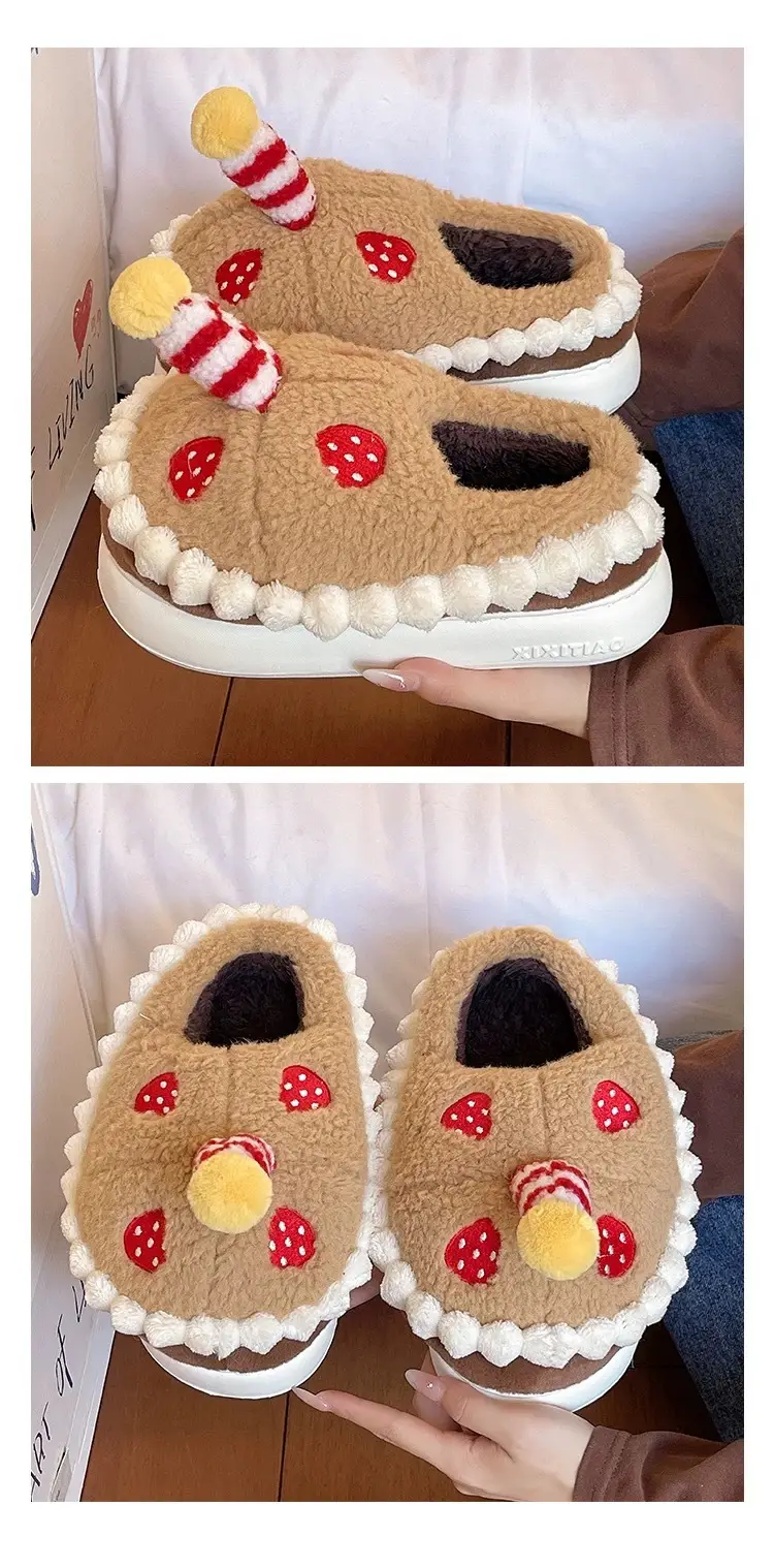 Winter Cotton Slippers for Women to Wear Outside, Cute Strawberry Cake Indoor Home Thick-Soled Non-Slip Warm Plush Bag Heel Cotton Shoes — feature 9