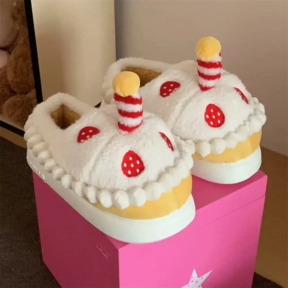 Winter Cotton Slippers for Women to Wear Outside, Cute Strawberry Cake Indoor Home Thick-Soled Non-Slip Warm Plush Bag Heel Cotton Shoes - Image 2