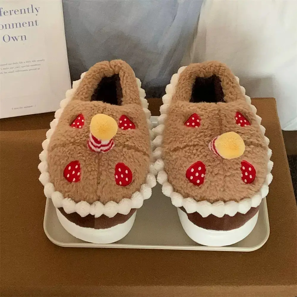 Winter Cotton Slippers for Women to Wear Outside, Cute Strawberry Cake Indoor Home Thick-Soled Non-Slip Warm Plush Bag Heel Cotton Shoes - Image 3