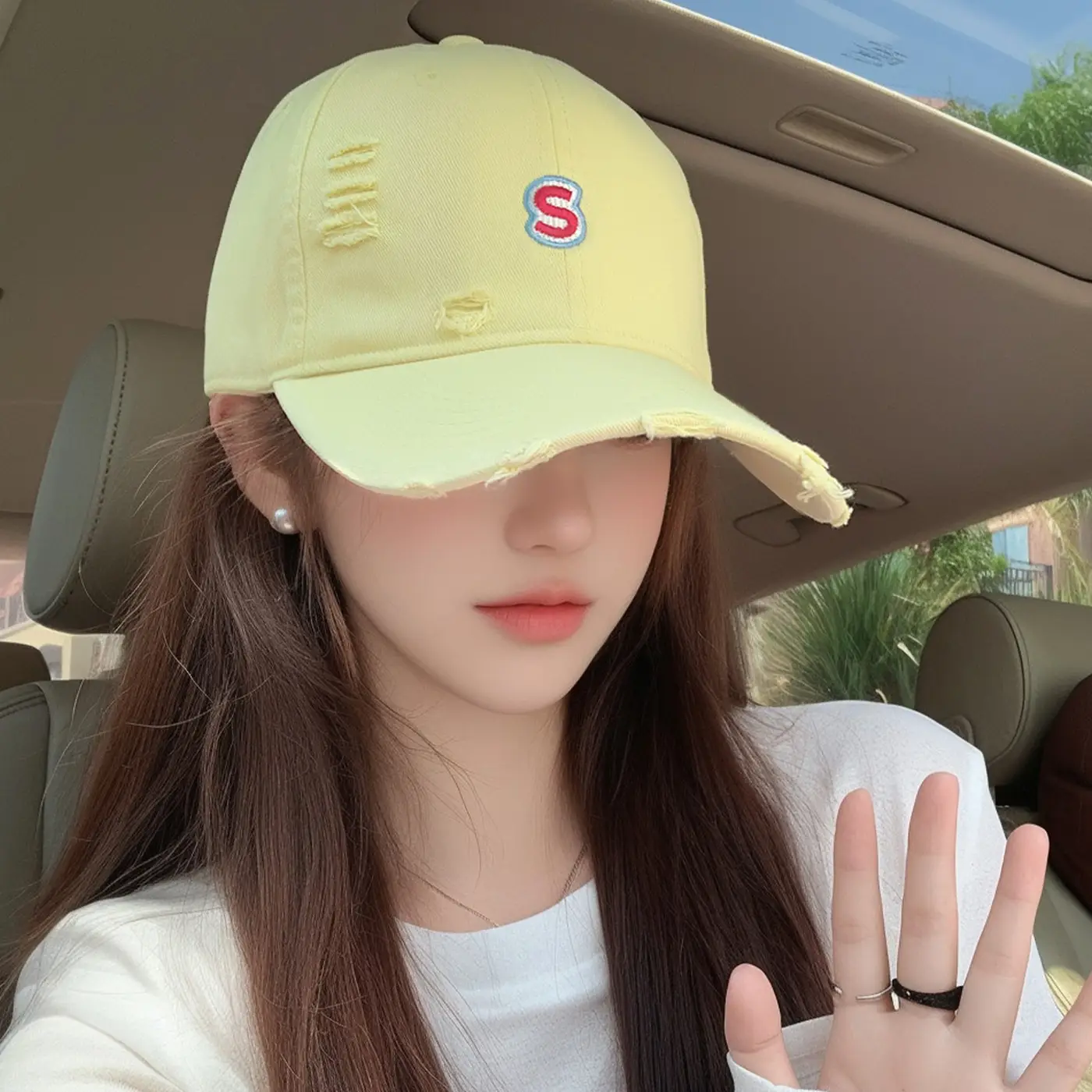 Women Baseball Cap Wide Brim Embroidered White - Image 9
