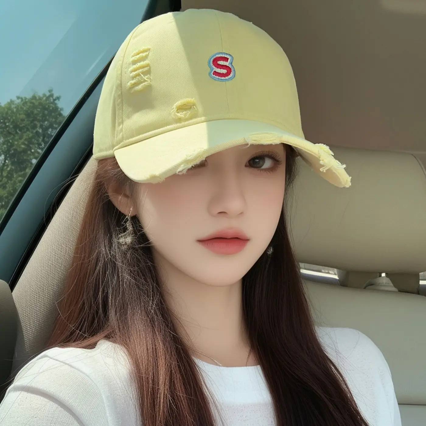 Women Baseball Cap Wide Brim Embroidered White - Image 10